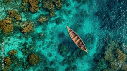 Fototapeta Naklejka Na Ścianę i Meble -  Aerial view of a traditional wooden boat floating over vibrant coral reefs in crystal clear turquoise tropical waters