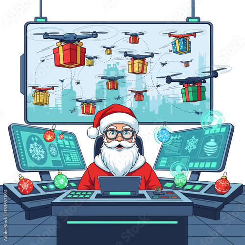 Ilustrasi vektor 2D datar menunjukkan Sinterklas berkacamata modern mengelola pengiriman hadiah Natal berbungkus cerah dan ornamen vektor menggunakan drone otomatis dari pusat komando futuristik.