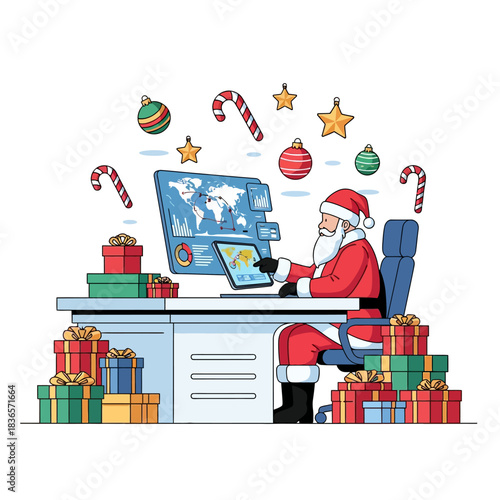 Ilustrasi vektor 2D Sinterklas modern duduk di meja meninjau tablet, mengelola logistik Natal digital, diapit kotak hadiah dan ornamen 3D.