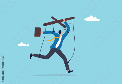 Self control or self discipline, ability to control yourself to stop procrastination, manipulate mindset for motivation to success concept, businessman puppet doll try to take control to improve self.
