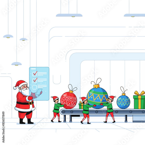 Modern Santa uses holographic screen while elves load gifts onto automated conveyor, illustrating efficient North Pole logistics in a bright 2D vector scene.