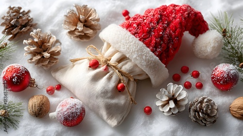 Festive christmas arrangement with santa hat bag pine cones and ornaments on a white surface