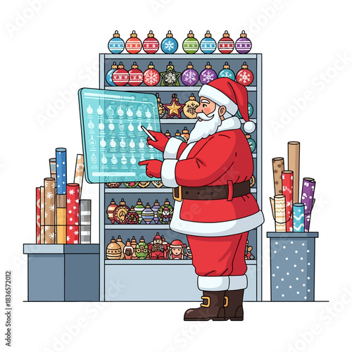 Ilustrasi vektor datar 2D menampilkan Sinterklas yang teliti mengatur ornamen Natal dan gulungan kertas kado berpola di bengkel modernnya yang terang, menggunakan layar inventaris digital besar.