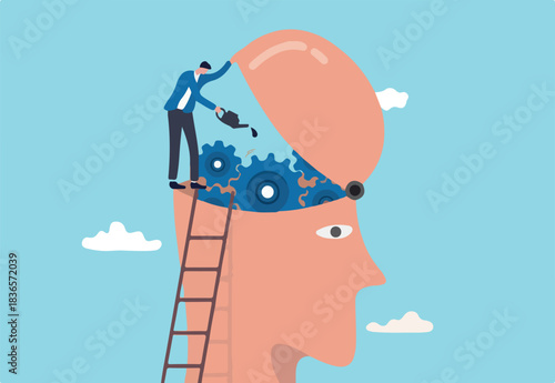 Brain maintenance, fixing emotional and mental problem, boost creativity and thinking process or improve motivation concept, man climb up ladder to fix and lubricate gear cogs on his brain head.