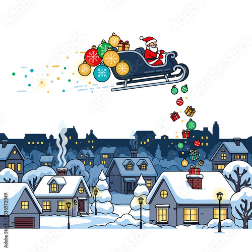 Ilustrasi vektor 2D datar bergaya Sinterklas menerbangkan kereta luncur futuristik bertenaga bola cahaya Natal di atas lingkungan pinggiran kota bersalju pada malam hari sambil mengantarkan hadiah.