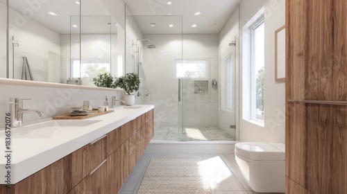 Wallpaper Mural Modern and bright bathroom interior with double vanity, wood cabinets, glass shower, and natural light Torontodigital.ca