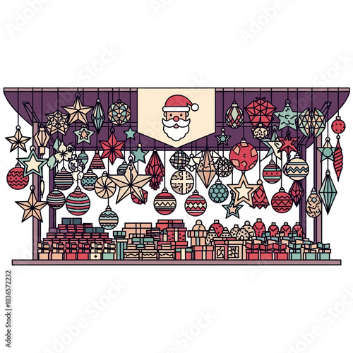Ilustrasi vektor datar 2D yang semarak dari kios pasar Natal yang penuh dengan ornamen gantung liburan unik, seperti bintang minimalis, hiasan kertas, dan baubel merah tradisional.