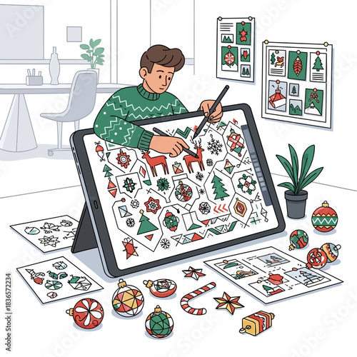 Ilustrasi vektor datar 2D seorang desainer profesional yang fokus membuat pola mulus Natal berulang pada tablet digital di studio modern.