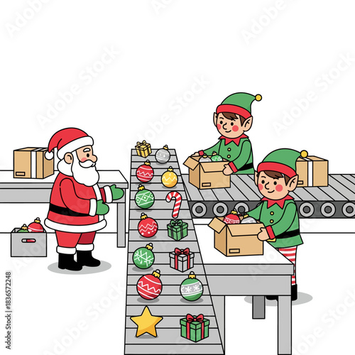 Ilustrasi datar 2D Sinterklas memeriksa ban berjalan penuh hiasan Natal (bola, bintang, permen), dibantu peri pengepakan di bengkel yang minimalis.