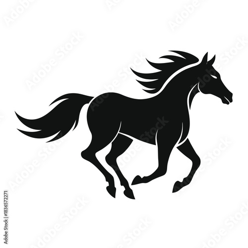 Running Horse Silhouette, Black Color, Animal Illustration, Strong, Stallion, Isolated