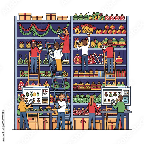 Pemandangan vektor datar 2D yang hidup menggambarkan tim gudang yang rajin menyortir dan menginventarisasi ornamen liburan tradisional di unit rak tinggi dengan teknologi manajemen modern.