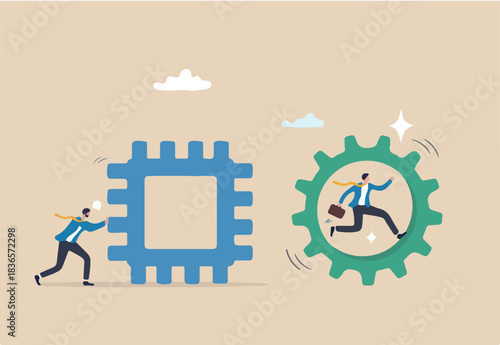 Efficient way to win business, creativity or effort to improvement, solution or challenge to overcome, progress or productive concept, businessman riding circle cogwheel to win business competition