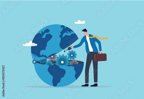 World economics or global and international financial treatment, fix inflation or help, support other countries to recover from crisis, fixing the world concept, businessman lubricate globe mechanics