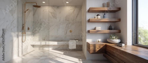 Modern luxury bathroom interior with marble shower, golden fixtures, wooden shelves, and natural light