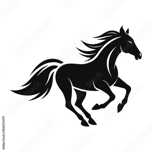 Running Black Horse Silhouette, Equestrian Mammal Artwork, Race Animal, Purebred Breed