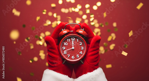 Hand holding Christmas alarm clock concept background 
