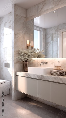Modern luxury bathroom interior with beige marble walls, floating vanity, rectangular sink, large mirror, and dried floral decor, bathed in natural light.