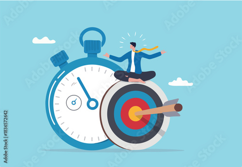 Self discipline, professional to finish work or achieve goal before deadline, time management, productivity to reach target in timely manner concept, calm businessman meditate on target and stopwatch