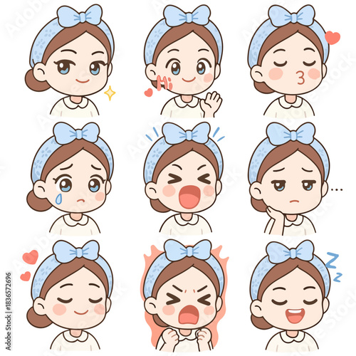 A set of cute anime girls illustrations in various clothes doing different activities with different expressions. Stickers or badges