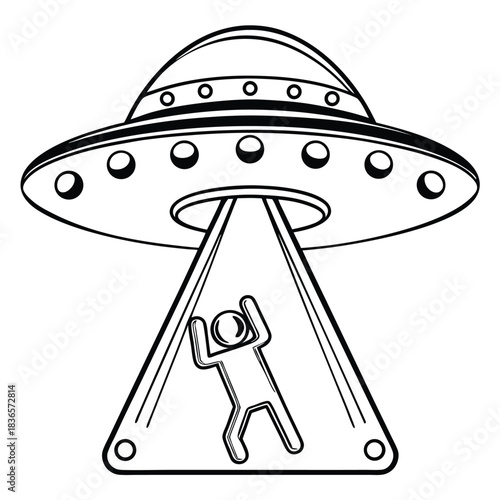 UFO Abduction Silhouette Flying Saucer with Beam & Person Pulled Up in Black and White