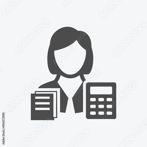 Woman Icon with Calculator and Document, Accounting, Financial Planning, Black Silhouette