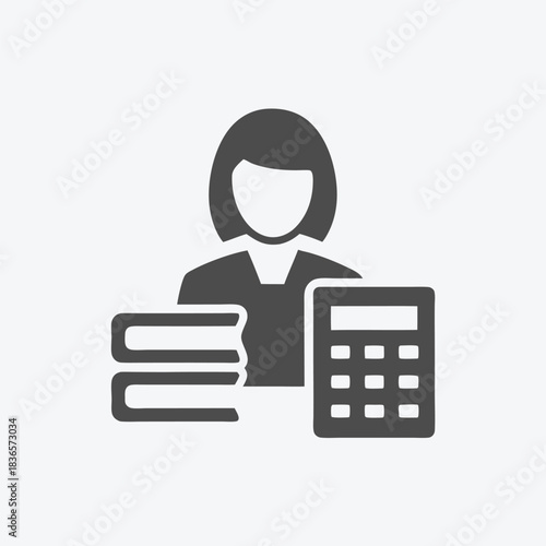Female Figure with Calculator & Book Stack Icon; Business & Finance Concept