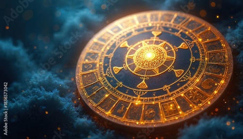 Wallpaper Mural Golden zodiac wheel spins on dark mystical background with clouds and light particles. Celestial astrology chart shows symbols for horoscope and future prediction. Cosmic divination tool glows. Torontodigital.ca