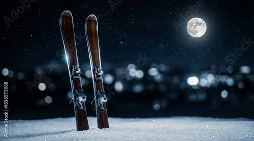 Night at a ski resort, a pair of skis stuck in the snow, a bright moon in the sky, a poster advertising a ski resort and active vacations in the winter mountains and skiing