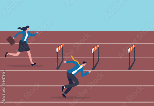 Gender inequality woman or female discrimination, unfair opportunity or unequal, obstacle or difficulty for woman leadership concept, businesswoman compete with men with more difficulty hurdles.