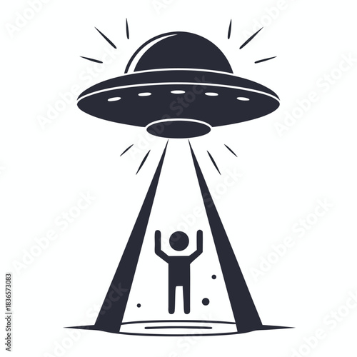 Monochrome UFO Silhouette, Abduction Beam, Running Person, SciFi Style