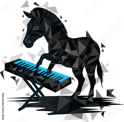 Geometric zebra playing keyboard with blue keys, polygonal animal musician concept, abstract performance scene, cad drawing flat vector illustration