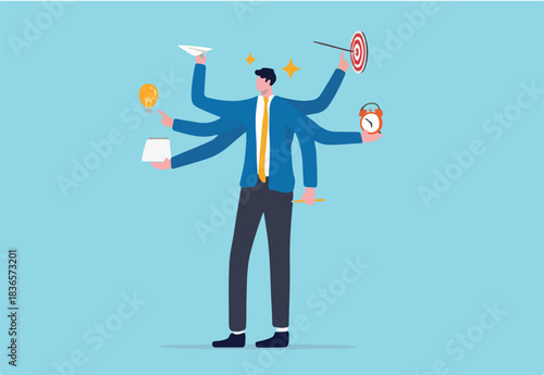Work productivity and efficiency, business idea, multitasking and project management concept, smart businessman with multi hands with productive tools calendar, alarm clock, pencil, target arrow, bulb