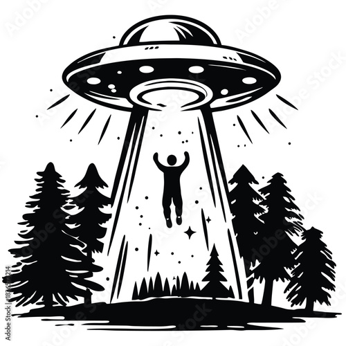 UFO Beam Abduction Icon, Flat Design, Silhouette Style, White Background, Alien Invasion