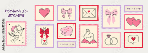 A cute set of romantic-themed stamps featuring hearts, bows, rings, Cupid, love letters, and sweet messages,in soft pink, red, and lavender frames, creating a playful and charming Valentine day vibe.