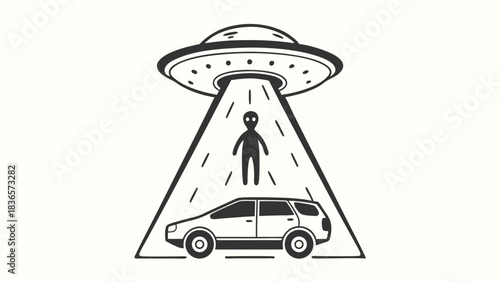 Monochrome Drawing UFO Abducting Alien over Car with Beam Stylized