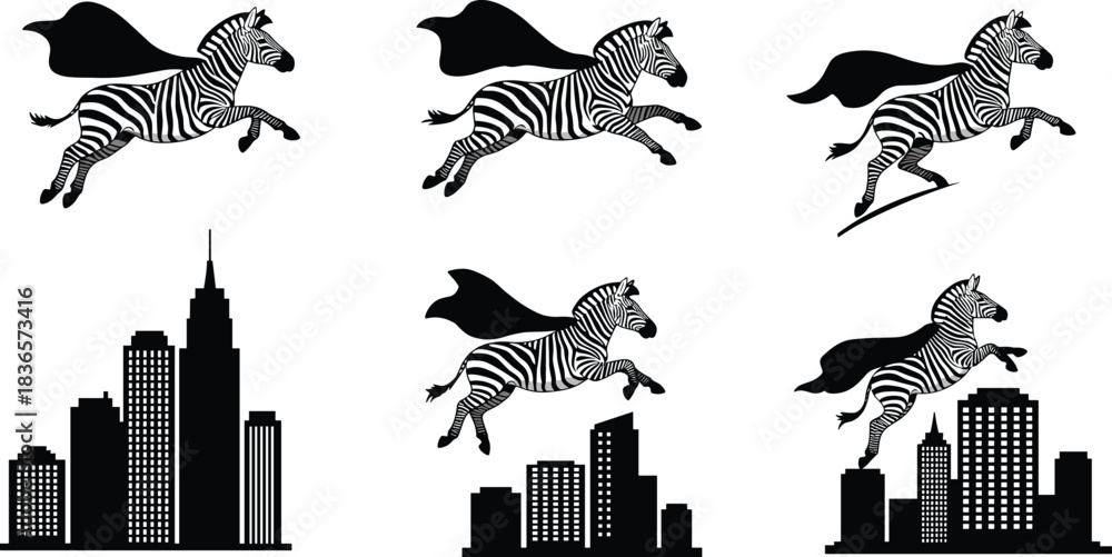 Obraz premium Flying superhero zebras with capes above city skylines, whimsical animal adventure, futuristic fantasy concept, black and white cad drawing flat vector illustration
