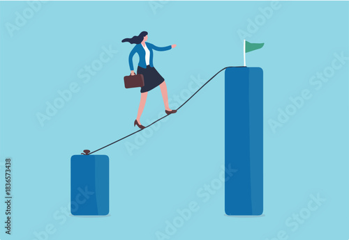Career challenge or growth and improvement, risk taking to be success or leadership to overcome difficulty to achieve target concept, confidence businesswoman walking on the rope up to higher goal.