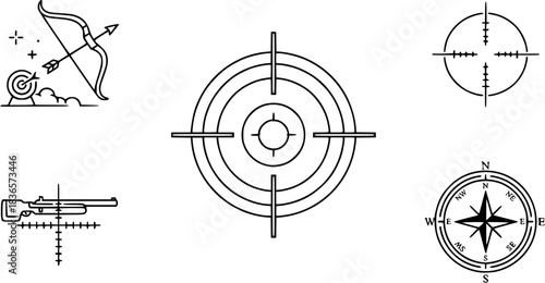Target and aim icon set, crosshair, bullseye vector, precision, accuracy, and focus icon for aiming, archery, shooting, or navigation
