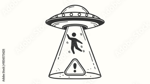 Outlined UFO Abduction with Light Beams and Stick Figure on White Background Art