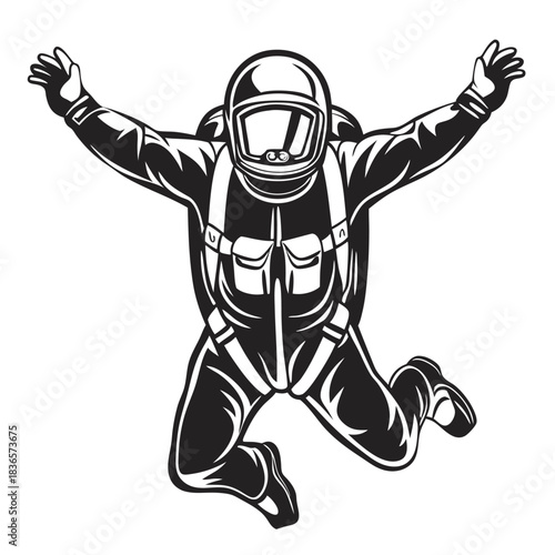 Monochrome Silhouette of Astronaut in Space Suit with Arms Outstretched, MidAir Jump
