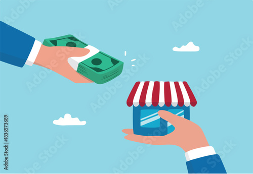 Company buyout, acquisition agreement or takeover, selling company offer or merger, franchise business concept, businessman offer money to buy other hand offer company or shop building