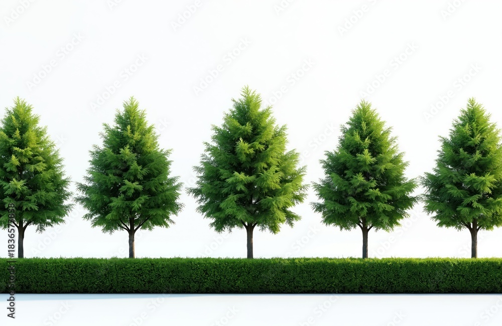 Obraz premium Row of green coniferous trees stands behind trimmed hedge. Isolated white background. Landscaping element for garden design. Nature plant growth.