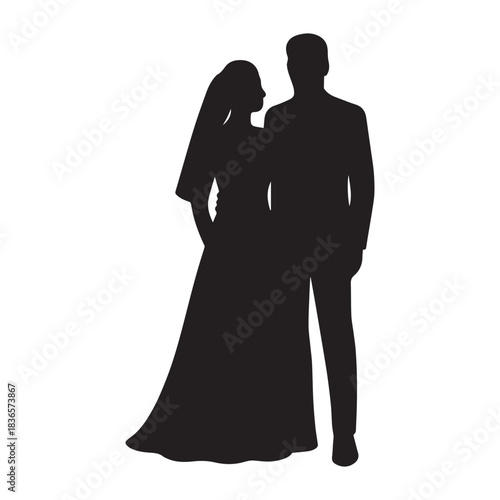 Elegant silhouette of a bride and groom embracing on their wedding day