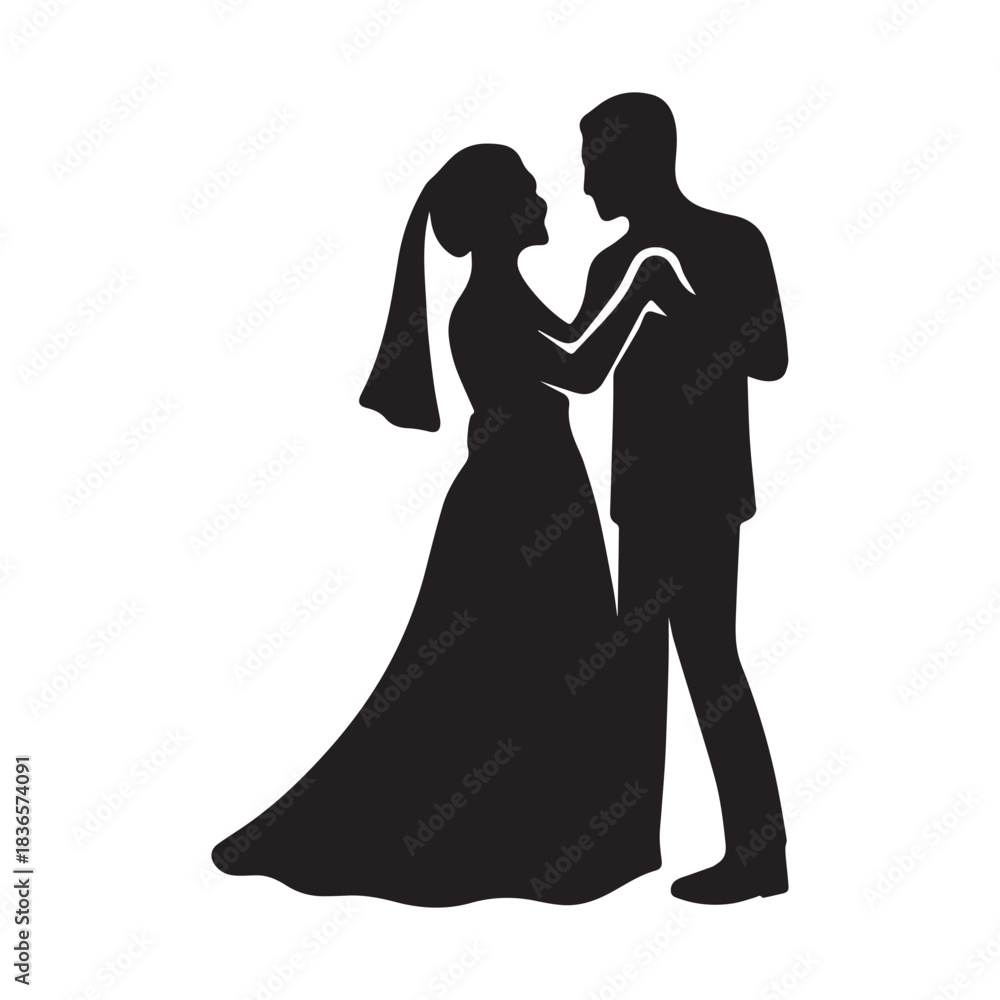 Fototapeta premium Elegant silhouette of a bride and groom dancing joyfully on their wedding day.