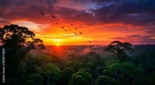 Vibrant sunset over amazon rainforest with birds flying above lush canopy