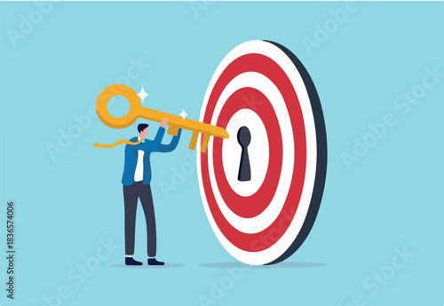 Key to success and achieve business target, KPI, career achievement or secret for success in work concept, businessman putting golden key into bullseye target key hold to unlock business success.