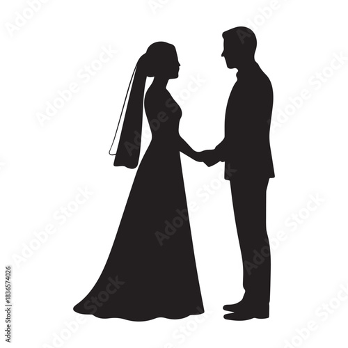 Elegant silhouette of a bride and groom holding hands on their wedding day