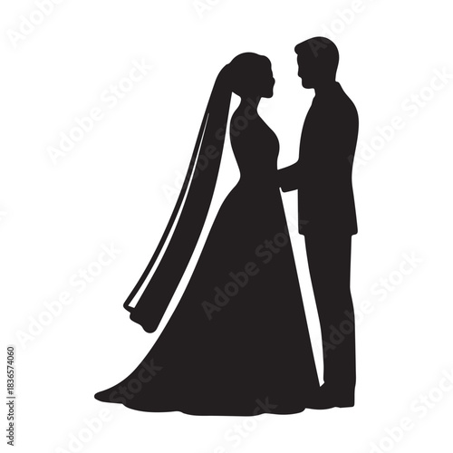 Elegant silhouette of a bride and groom holding hands on their wedding day.