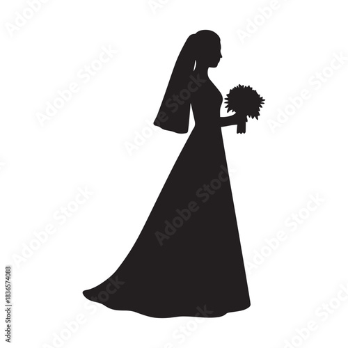 Elegant bride silhouette in a flowing gown holding a wedding bouquet, ready for her special day.