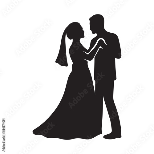 Elegant silhouette of a bride and groom dancing joyfully on their wedding day.